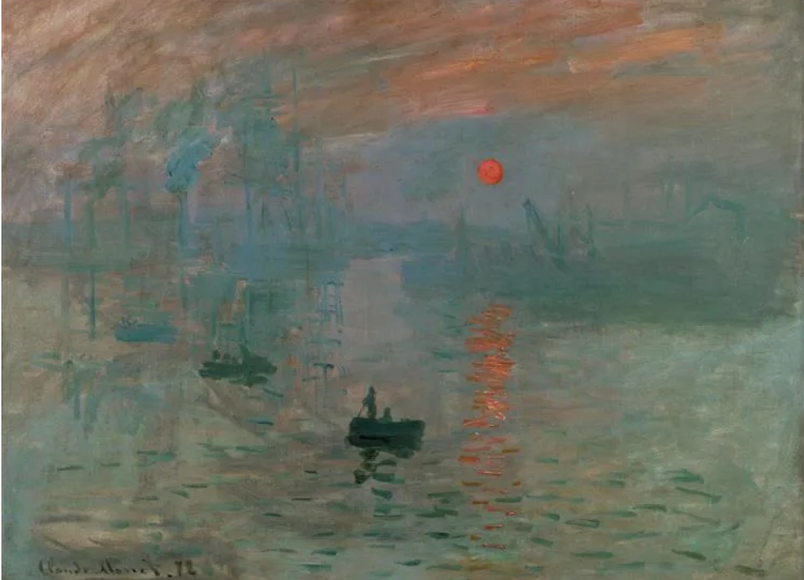 An impressionist painting of some fishermen on small boats at sunset time